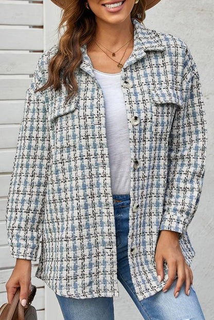 Plaid Print Button Knitted Coat With Pocket Jewelry Bubble