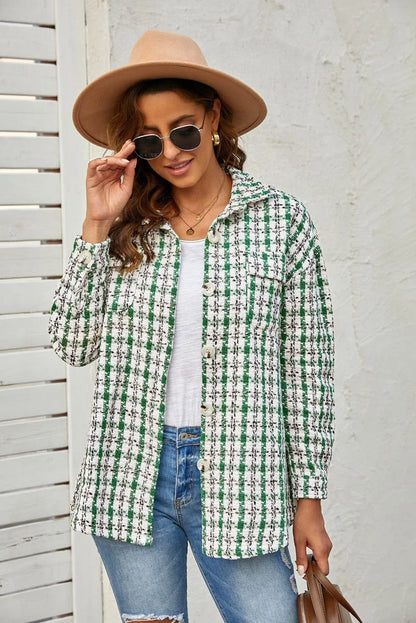 Plaid Print Button Knitted Coat With Pocket Jewelry Bubble