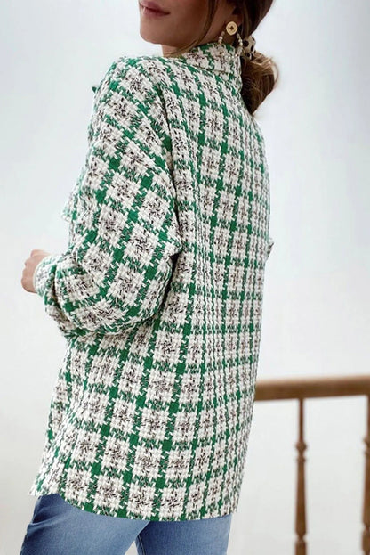 Plaid Print Button Knitted Coat With Pocket Jewelry Bubble