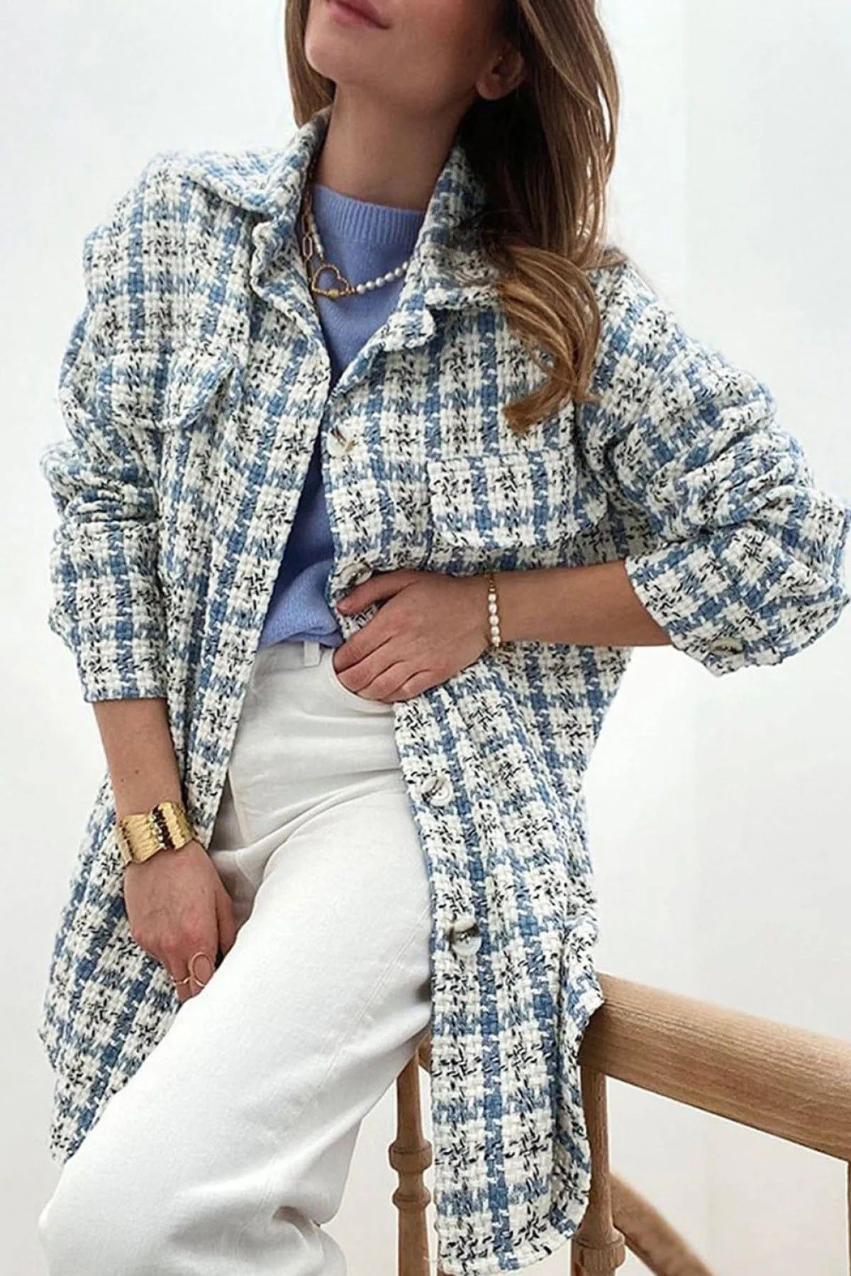 Plaid Print Button Knitted Coat With Pocket Jewelry Bubble