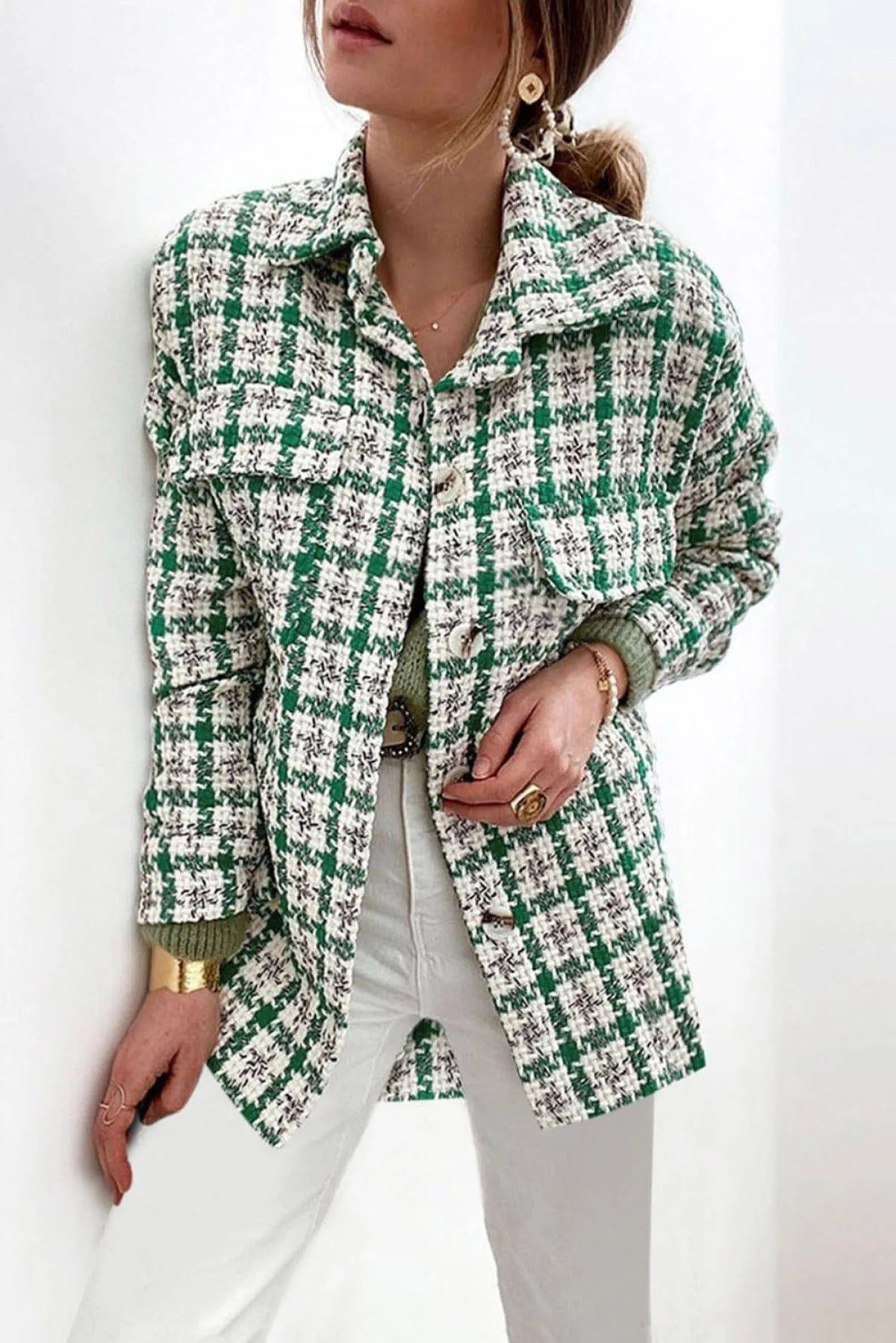 Plaid Print Button Knitted Coat With Pocket Jewelry Bubble