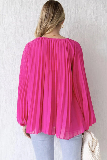 Pleated Bead String Tie V Neck Blouse Rose Color Jewelry Bubble