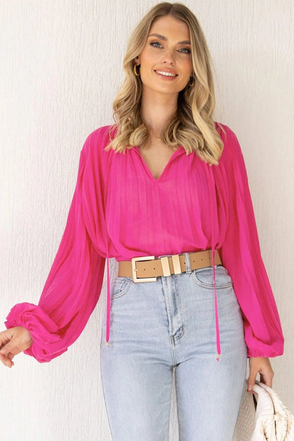 Pleated Bead String Tie V Neck Blouse Rose Color Jewelry Bubble