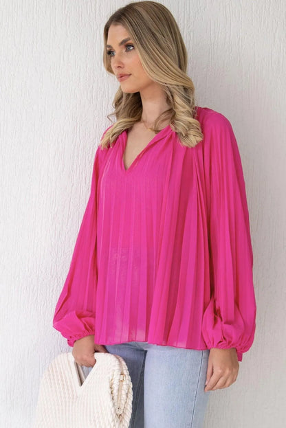 Pleated Bead String Tie V Neck Blouse Rose Color Jewelry Bubble