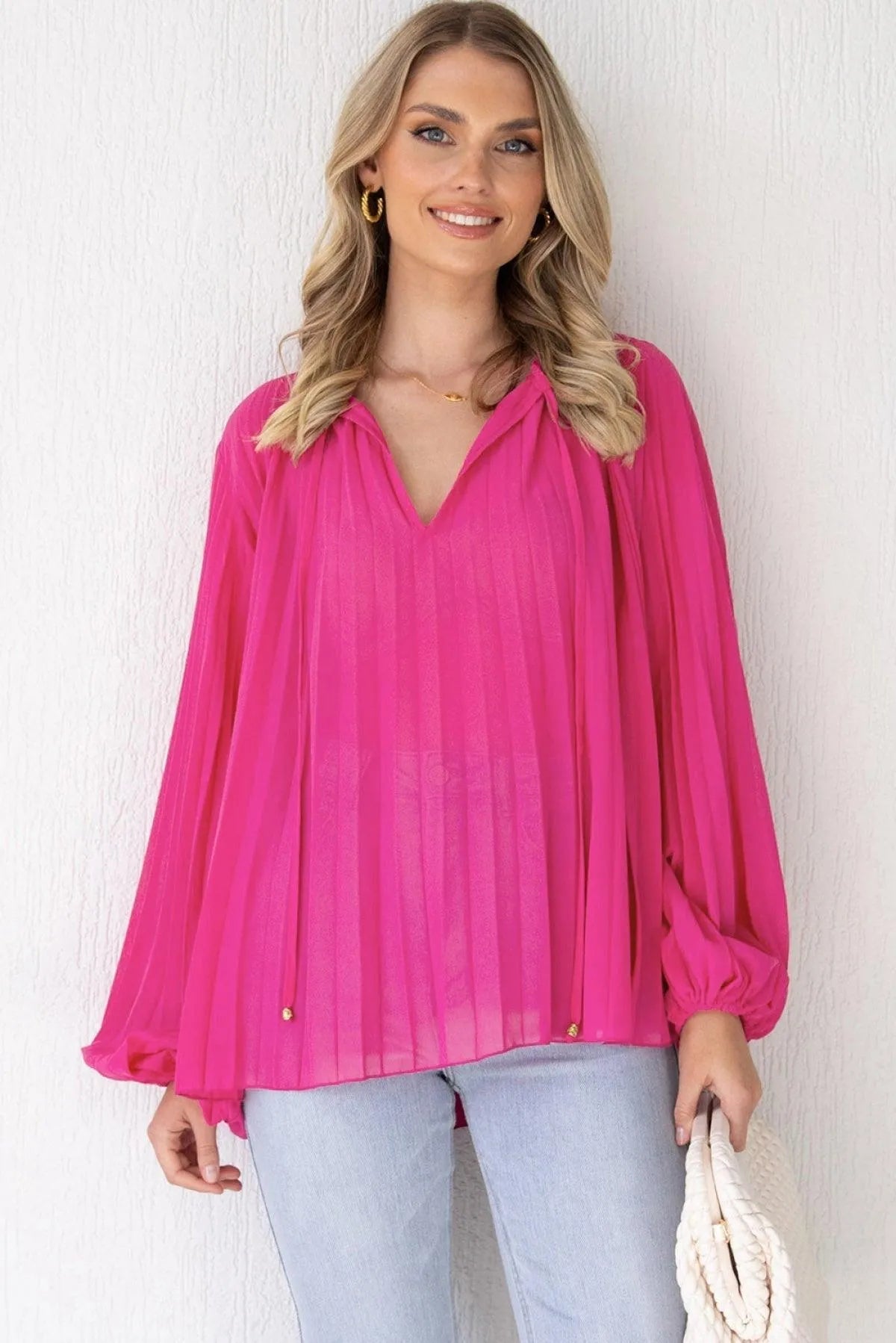 Pleated Bead String Tie V Neck Blouse Rose Color Jewelry Bubble