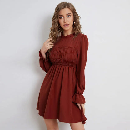 Pleated Long-Sleeved Ruffled Neck Mini Dress Burgundy Jewelry Bubble