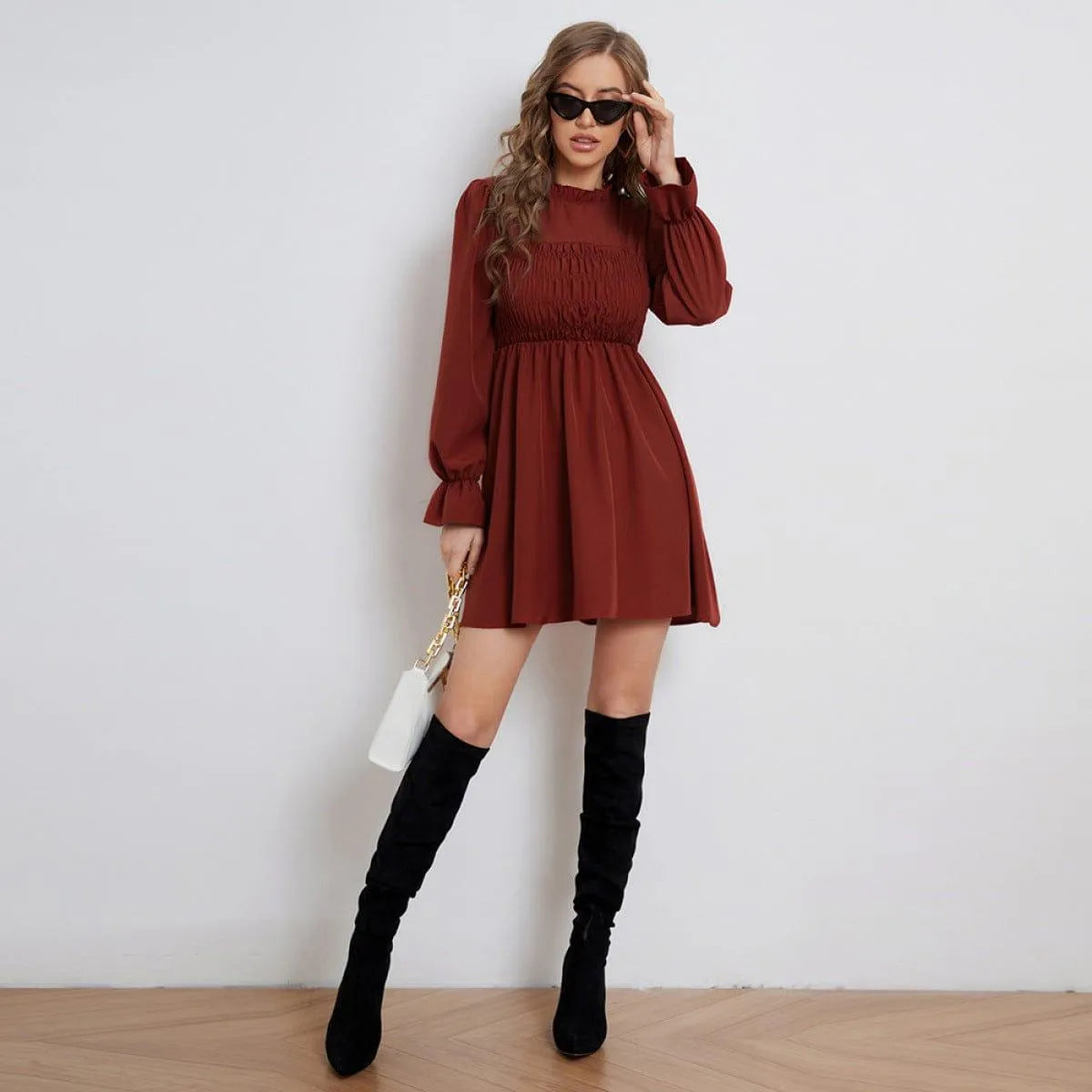 Pleated Long-Sleeved Ruffled Neck Mini Dress Burgundy Jewelry Bubble