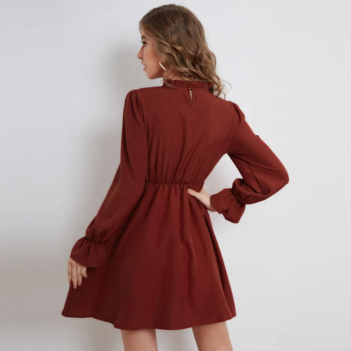 Pleated Long-Sleeved Ruffled Neck Mini Dress Burgundy Jewelry Bubble