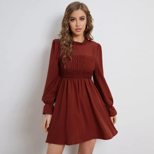 Pleated Long-Sleeved Ruffled Neck Mini Dress Burgundy Jewelry Bubble