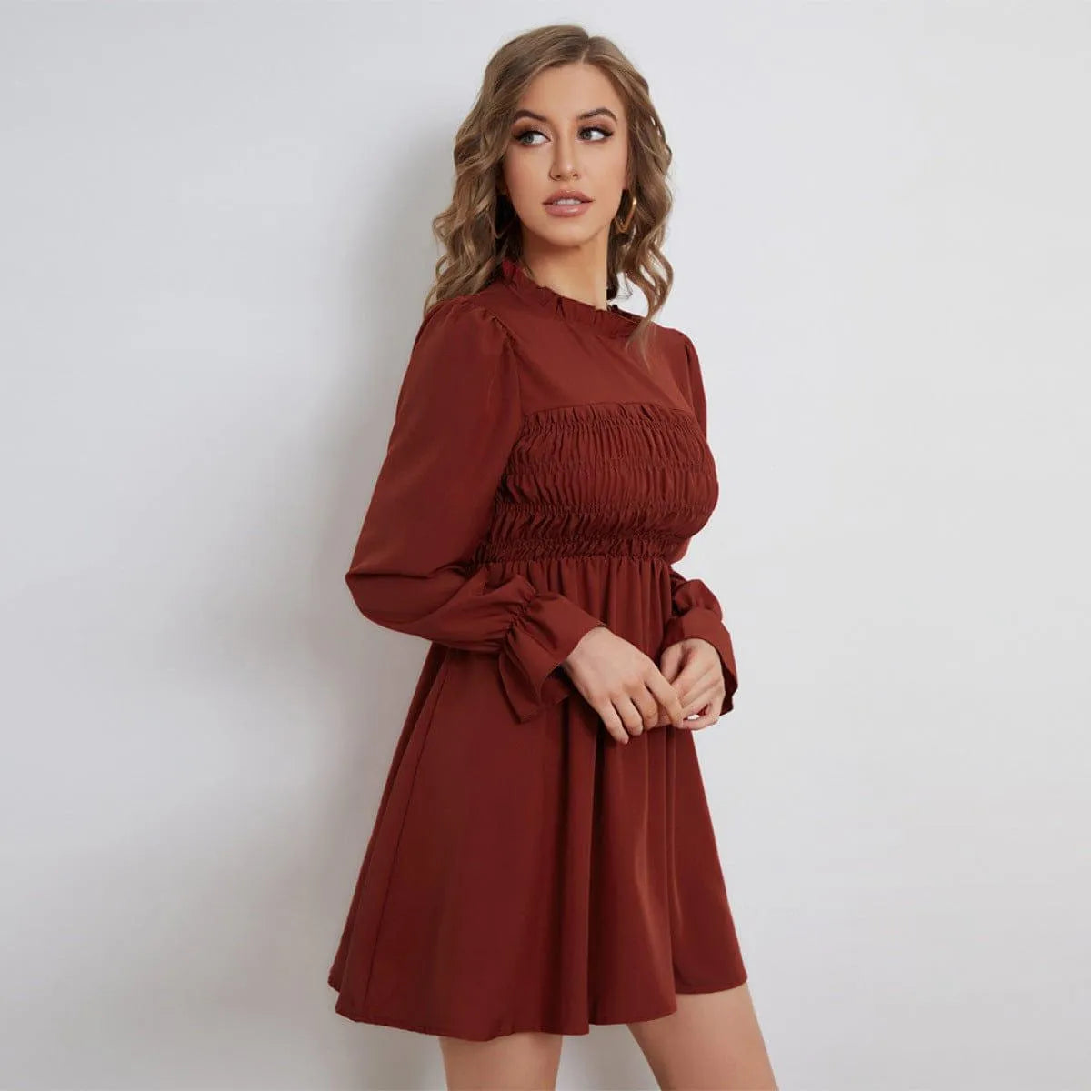 Pleated Long-Sleeved Ruffled Neck Mini Dress Burgundy Jewelry Bubble