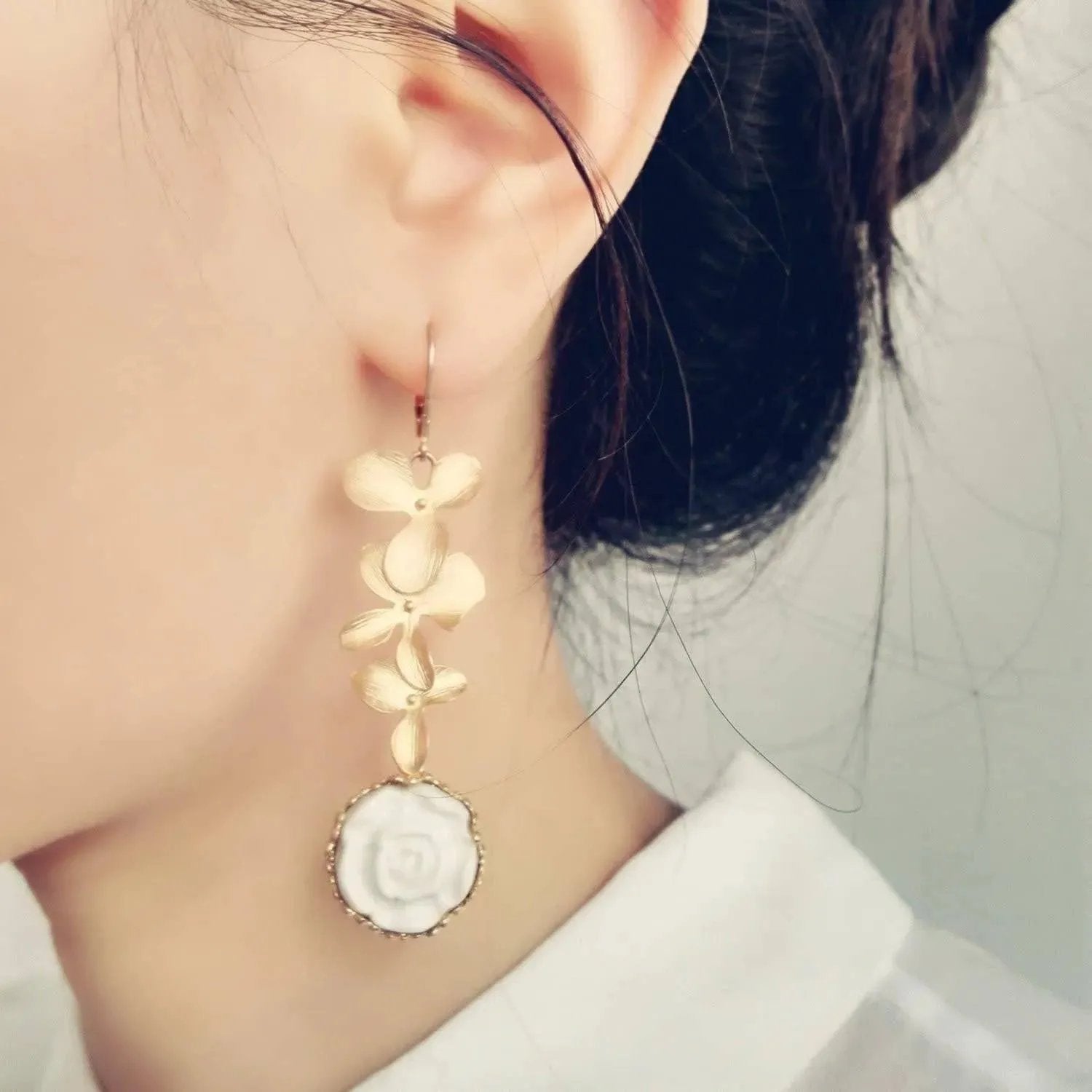 Porcelain Moonlight Rose and Triple Leaves Drop Earrings | POPORCELAIN Based in Denmark