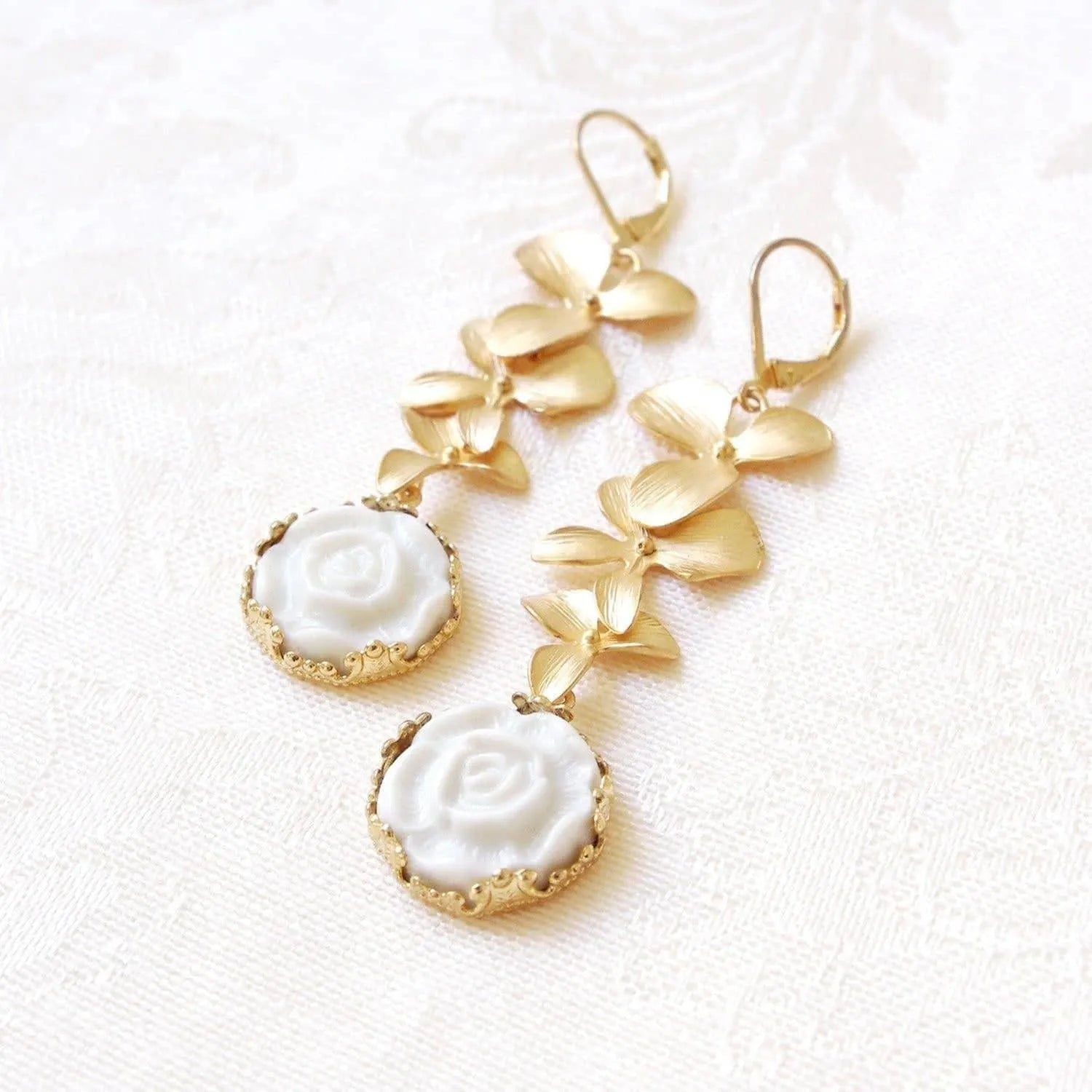 Porcelain Moonlight Rose and Triple Leaves Drop Earrings | POPORCELAIN Based in Denmark Jewelry Bubble