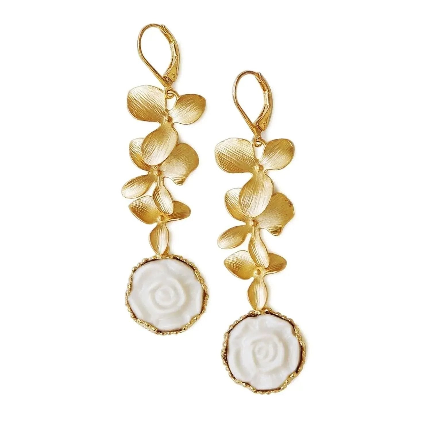 Porcelain Moonlight Rose and Triple Leaves Drop Earrings | POPORCELAIN Based in Denmark