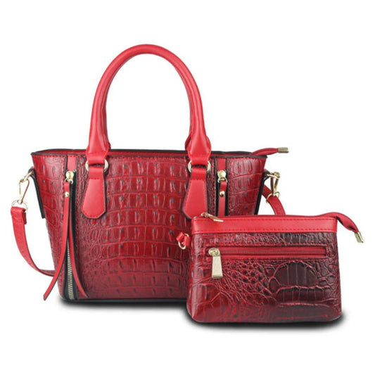 Premium Red Croc Textured Vegan Leather Tote Handbag Set with Double Zipper Wristlet - Luxe Sophistication for Style and Security Jewelry Bubble