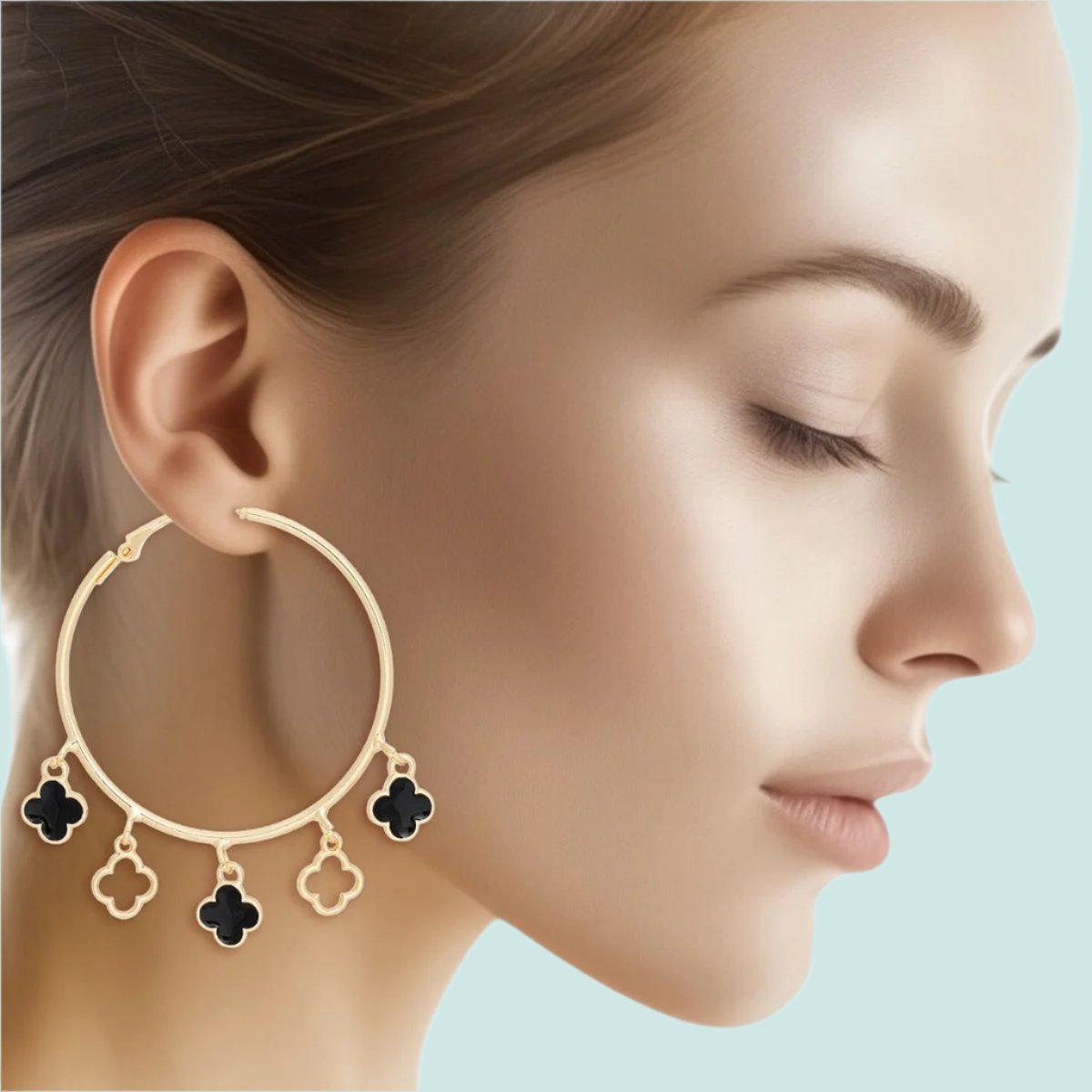 Radiant Gold Hoop Earrings with Black Clover Charms Jewelry Bubble