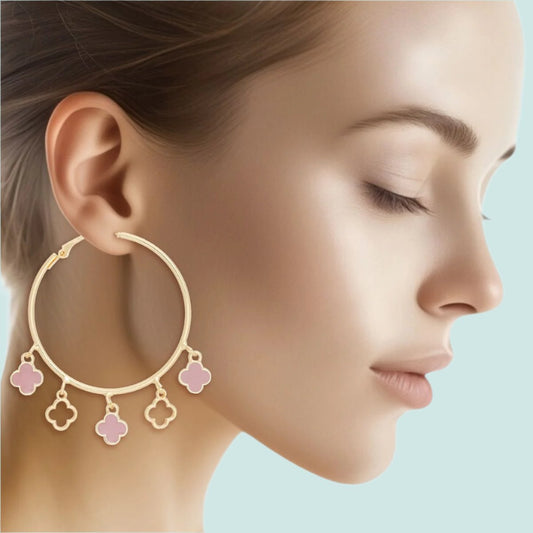 Radiant Gold Hoop Earrings with Pink Clover Charms Pinktown