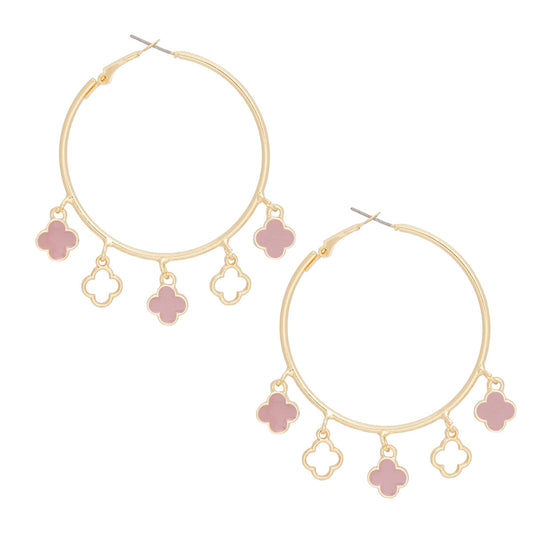 Radiant Gold Hoop Earrings with Pink Clover Charms Pinktown