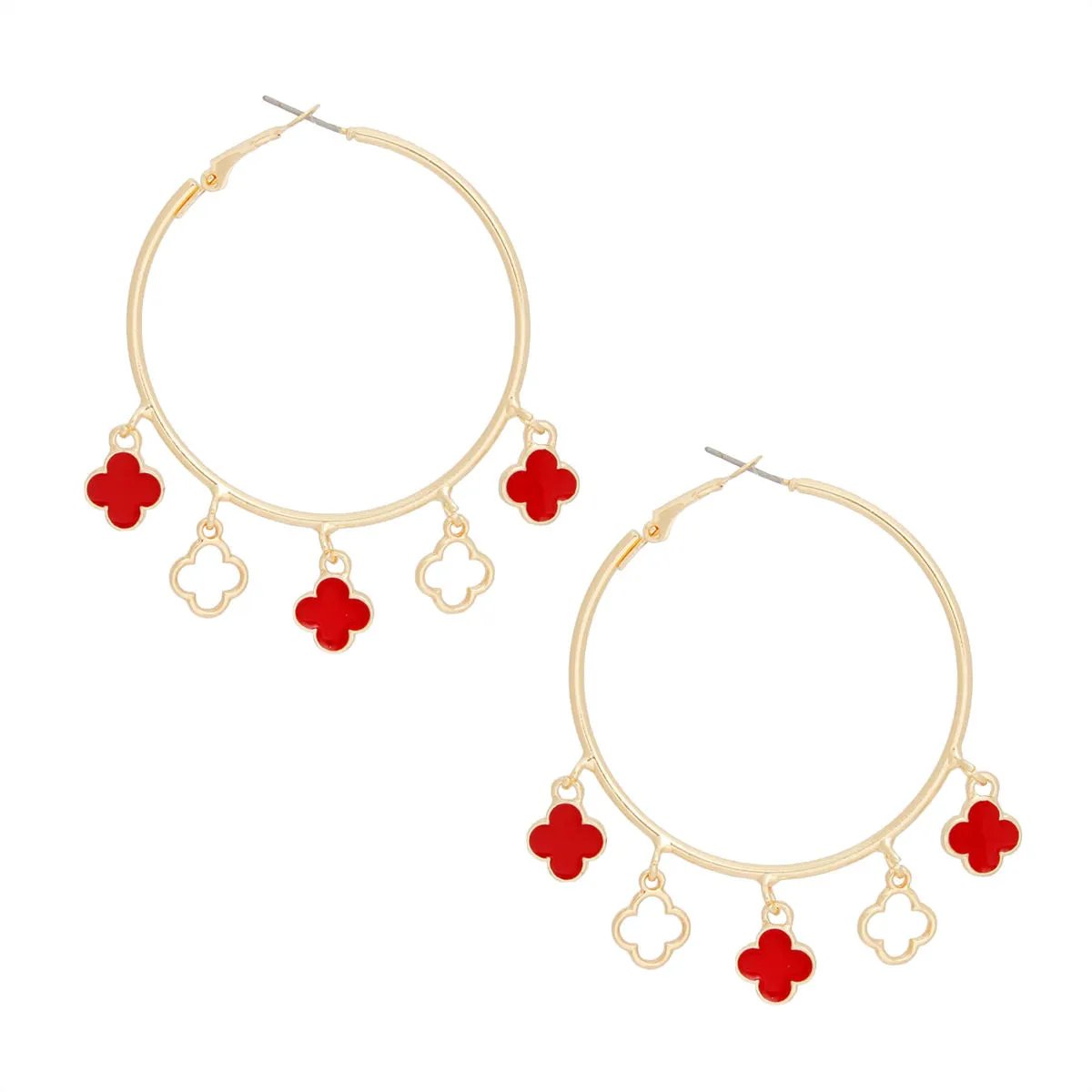 Radiant Gold Hoop Earrings with Red Clover Charms