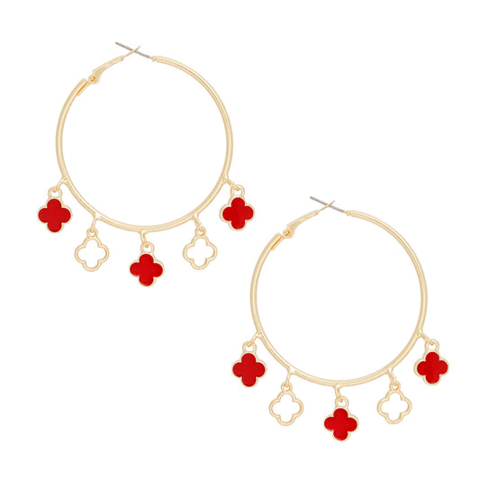 Radiant Gold Hoop Earrings with Red Clover Charms Pinktown