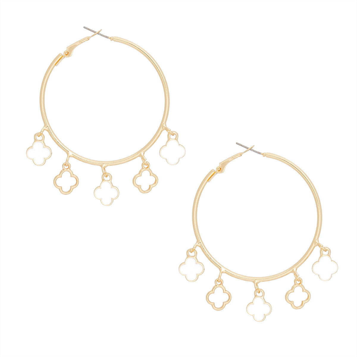 Radiant Gold Hoop Earrings with White Clover Charms Jewelry Bubble