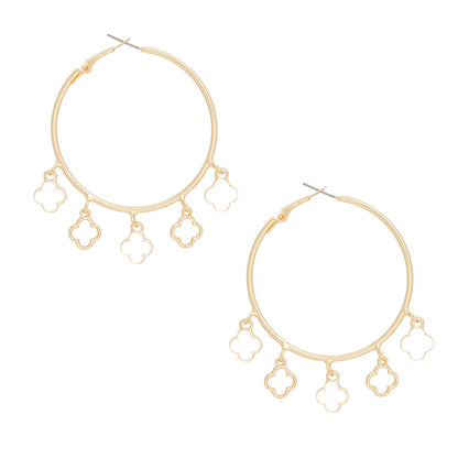 Radiant Gold Hoop Earrings with White Clover Charms Jewelry Bubble