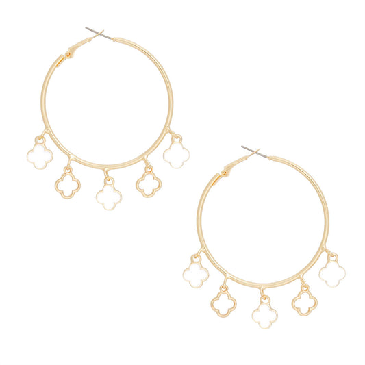 Radiant Gold Hoop Earrings with White Clover Charms Pinktown