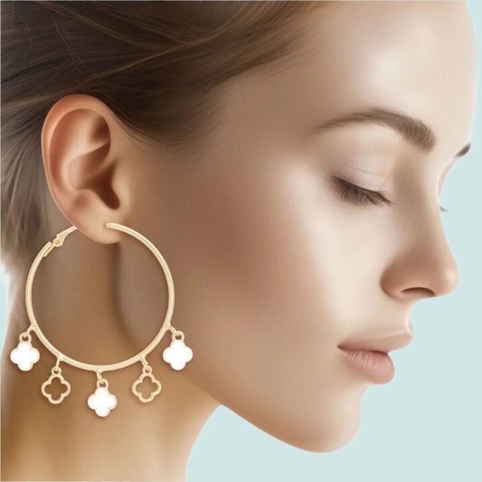 Radiant Gold Hoop Earrings with White Clover Charms Pinktown