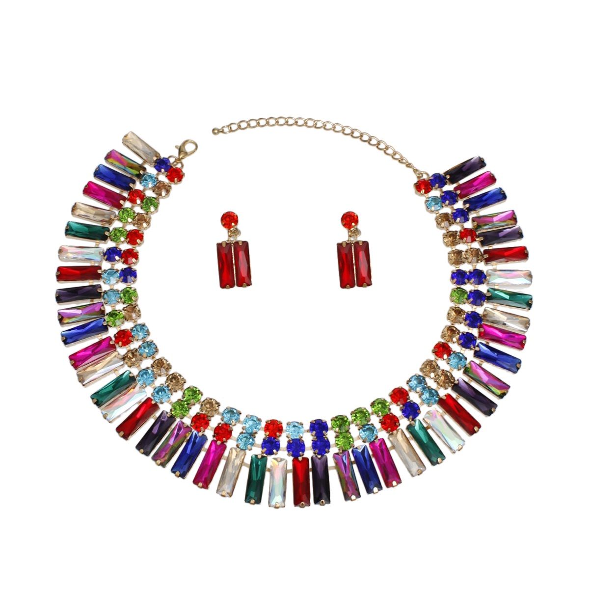 Radiant Multicolor Crystal Bib Necklace and Dangle Earring Set Jewelry Bubble