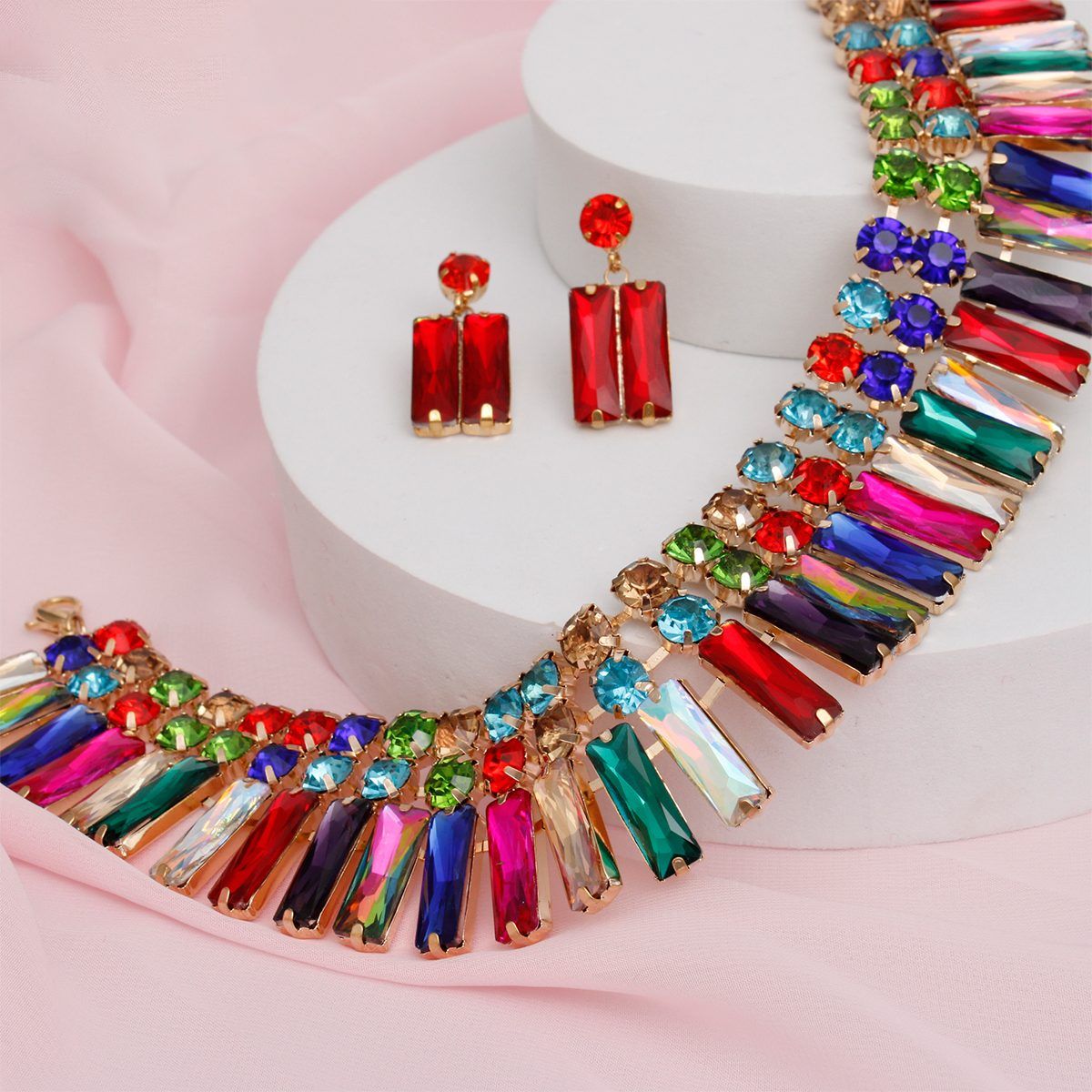 Radiant Multicolor Crystal Bib Necklace and Dangle Earring Set Jewelry Bubble