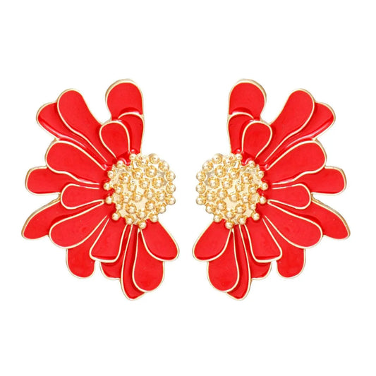 Red Daisy Earrings Gold Tone: Botanical Fashion Jewelry Pinktown