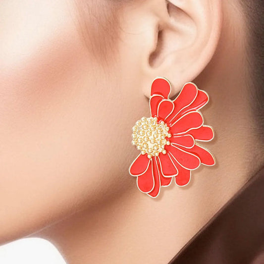 Red Daisy Earrings Gold Tone: Botanical Fashion Jewelry Pinktown