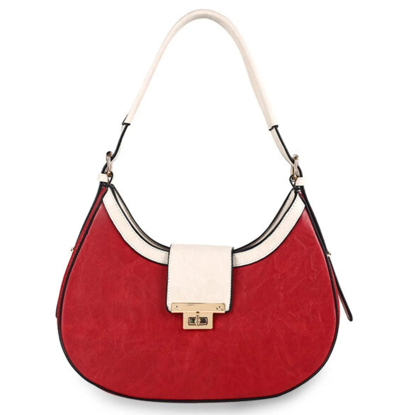 Red Flap Rounded Shoulder Handbag for Women | Soft Grain Red with Beige Vegan Faux Leather Jewelry Bubble