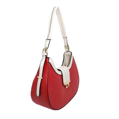 Red Flap Rounded Shoulder Handbag for Women | Soft Grain Red with Beige Vegan Faux Leather Jewelry Bubble