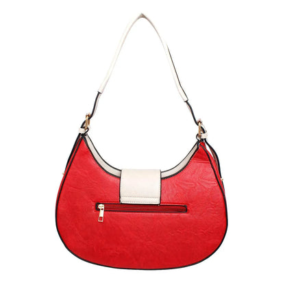 Red Flap Rounded Shoulder Handbag for Women | Soft Grain Red with Beige Vegan Faux Leather Jewelry Bubble