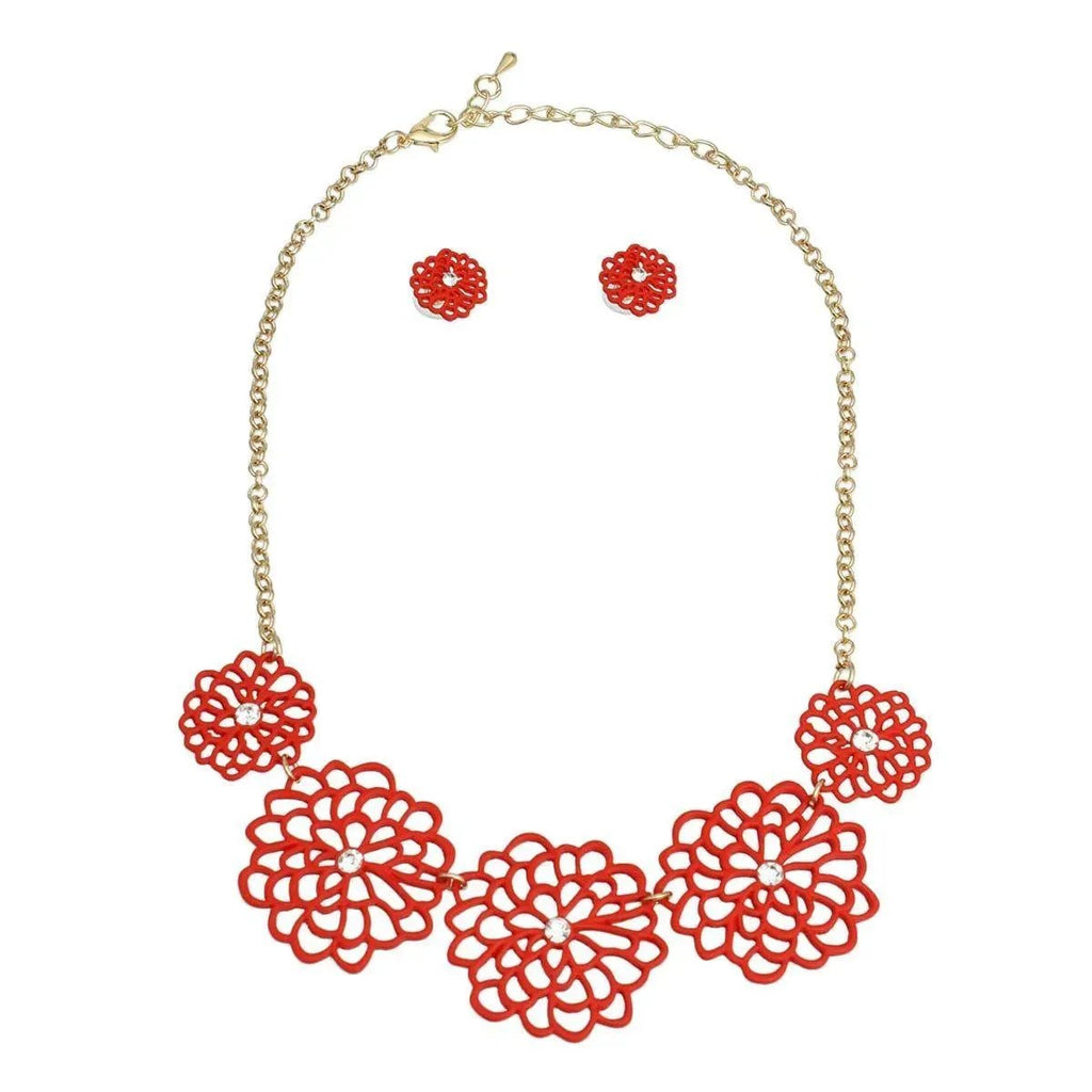 Red Flower Station Necklace Set - Add a Touch of Beauty to Your Look