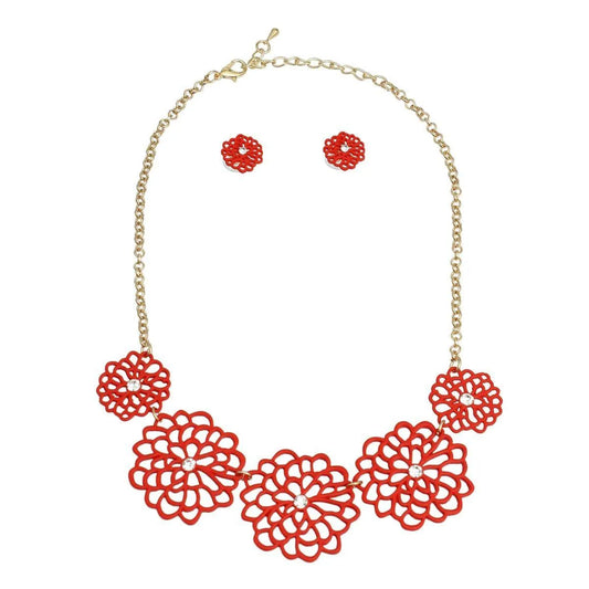 Red Flower Station Necklace Set - Add a Touch of Beauty to Your Look Jewelry Bubble