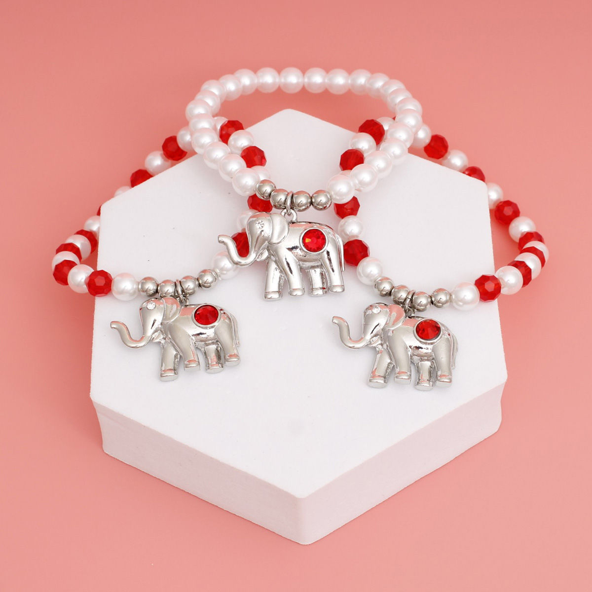 Red Glass Bead and Pearl Elephant Charm Bracelet Set Pinktown