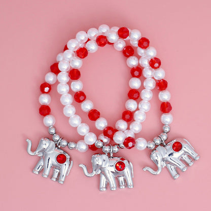 Red Glass Bead and Pearl Elephant Charm Bracelet Set Pinktown