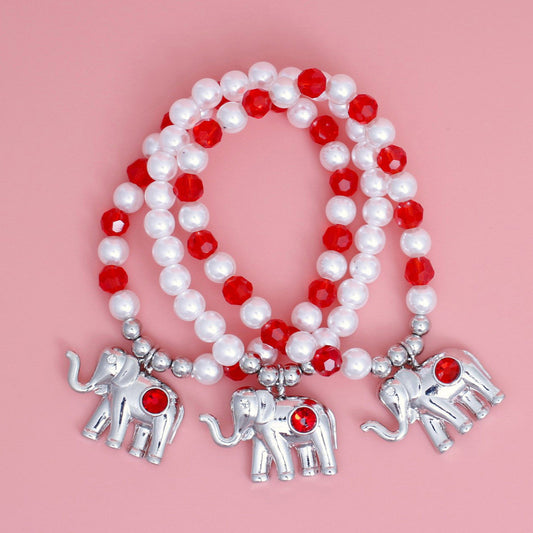 Red Glass Bead and Pearl Elephant Charm Bracelet Set Jewelry Bubble