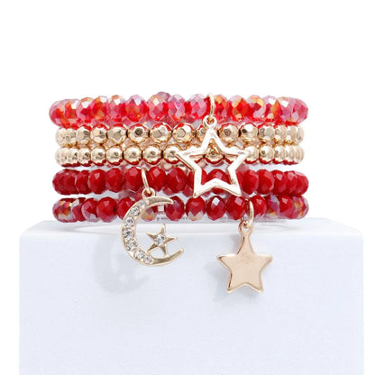 Red Glass and Gold Tone Star Charms Bracelet Set Jewelry Bubble