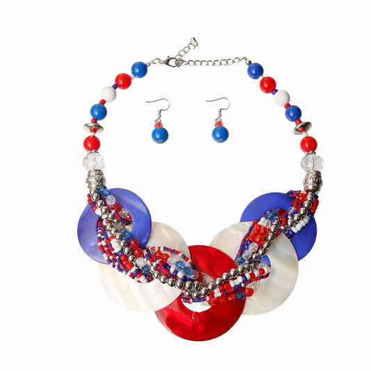 Red, White, and Blue Beaded Annulus Necklace Set for Women Jewelry Bubble