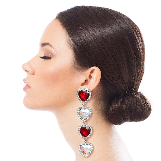 Red and Aurora Borealis Sweetheart Linear Statement Drop Earrings Pinktown