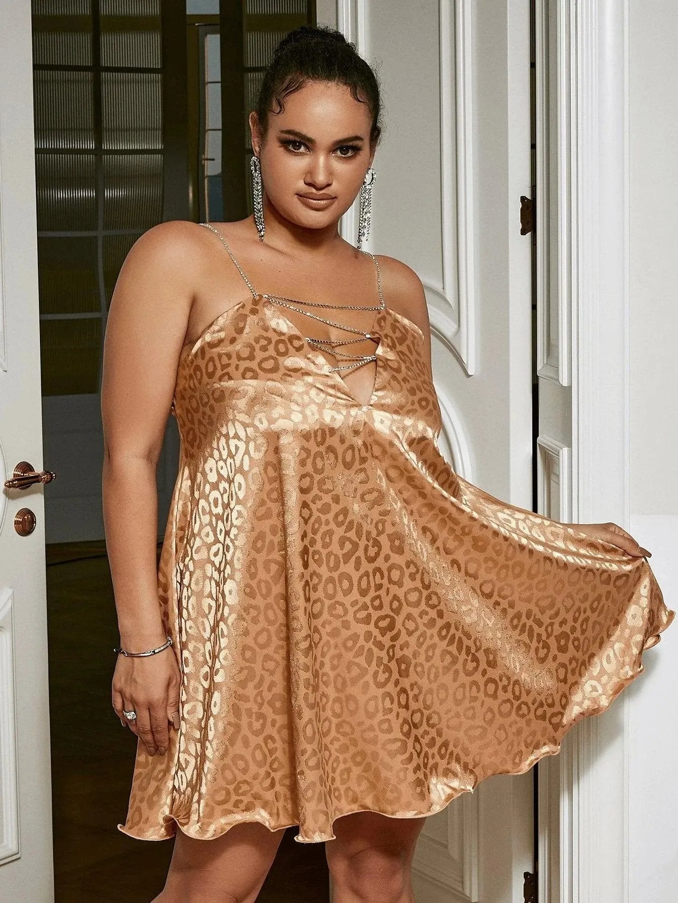 Rhinestone Chain Lace Up Yoke Leopard Satin Cami Mini Dress