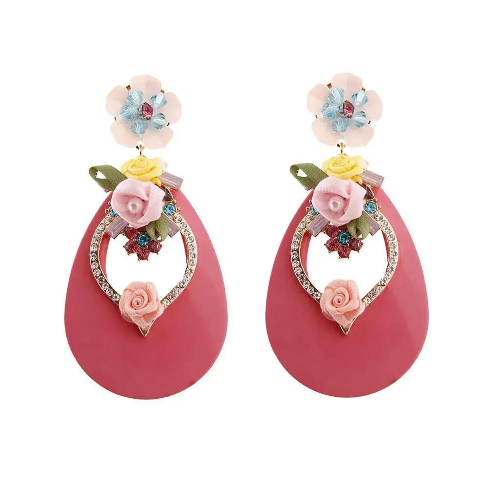 Rhinestone & Flower Stud Pink Drop Earrings - Sparkle & Elegance Harmonized