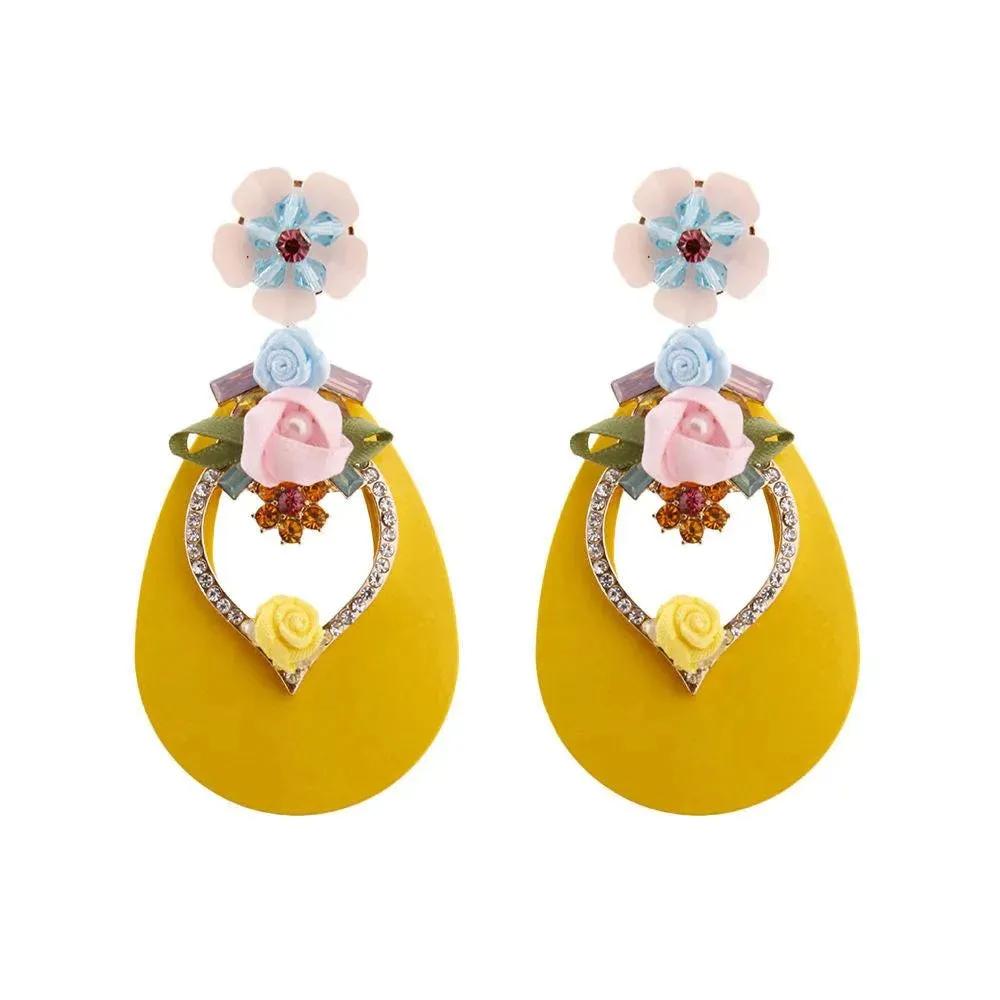 Rhinestone & Flower Stud Yellow Drop Earrings - Sparkle & Elegance Harmonized