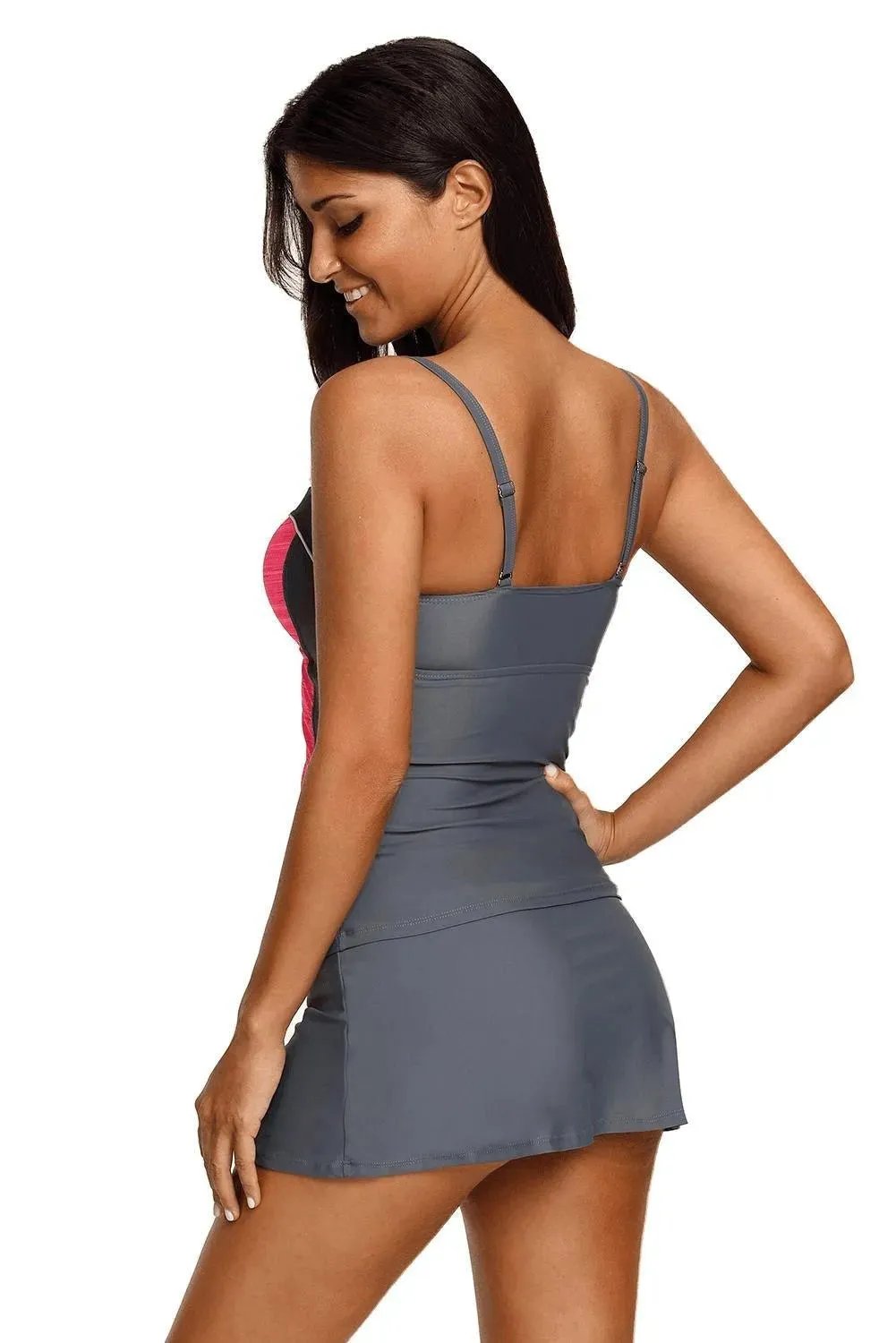 Rosy Gray Ruched Tankini And Skirted Swimsuit