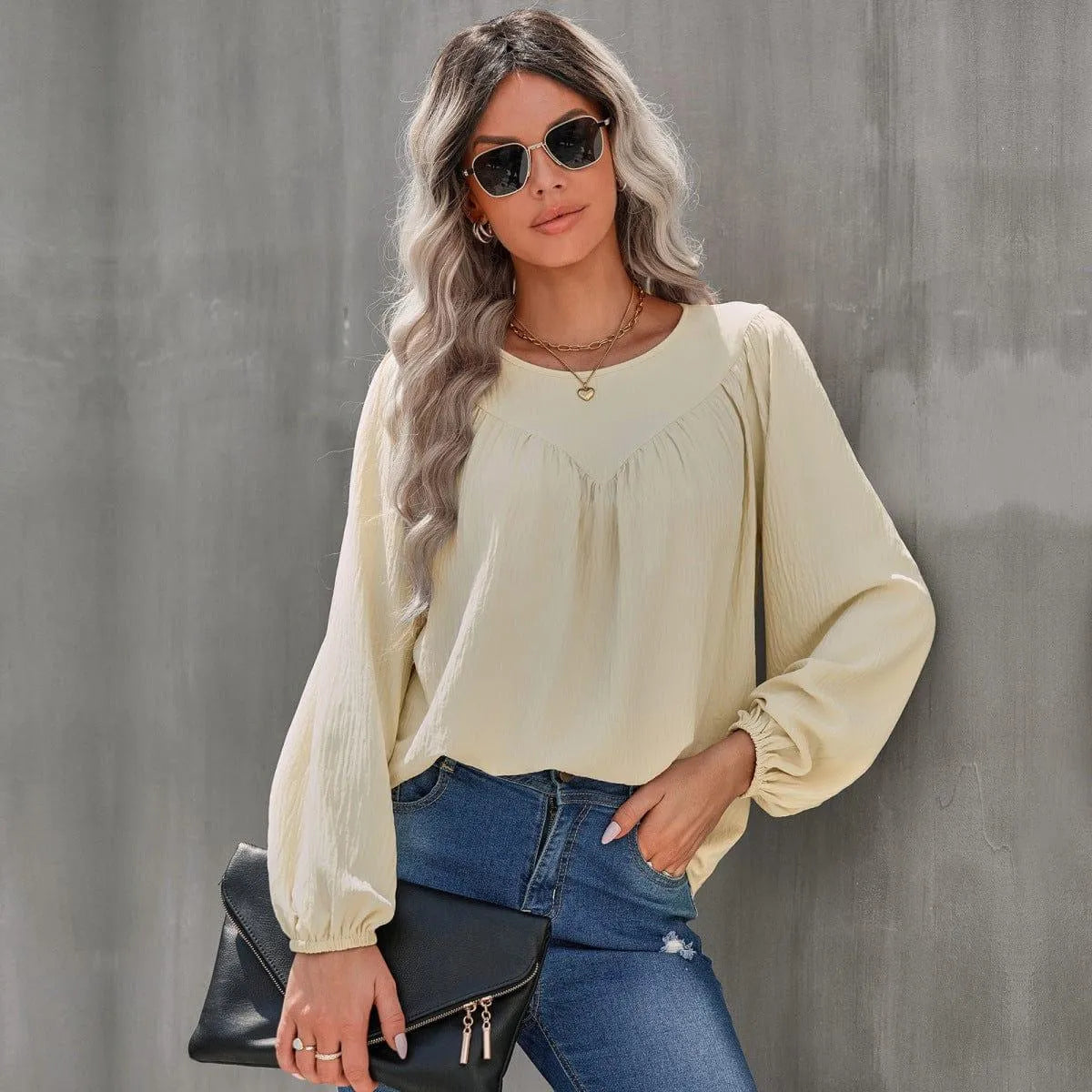 Round Neck Gathering Long Sleeve Top Jewelry Bubble