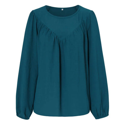 Round Neck Gathering Long Sleeve Top Jewelry Bubble