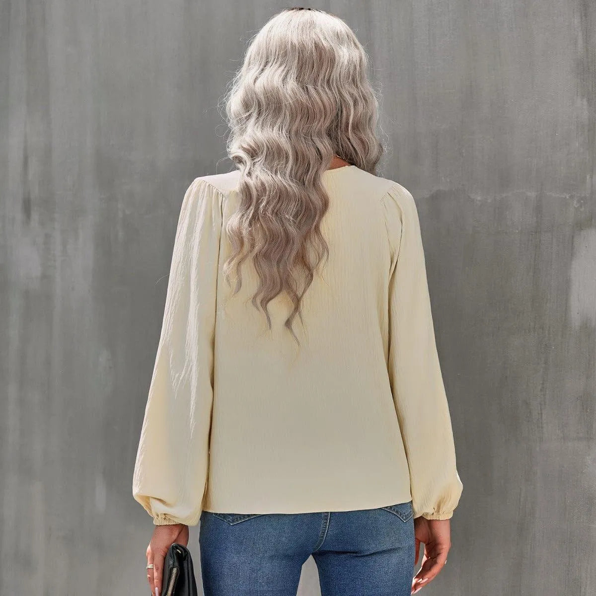 Round Neck Gathering Long Sleeve Top Jewelry Bubble