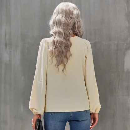 Round Neck Gathering Long Sleeve Top Jewelry Bubble